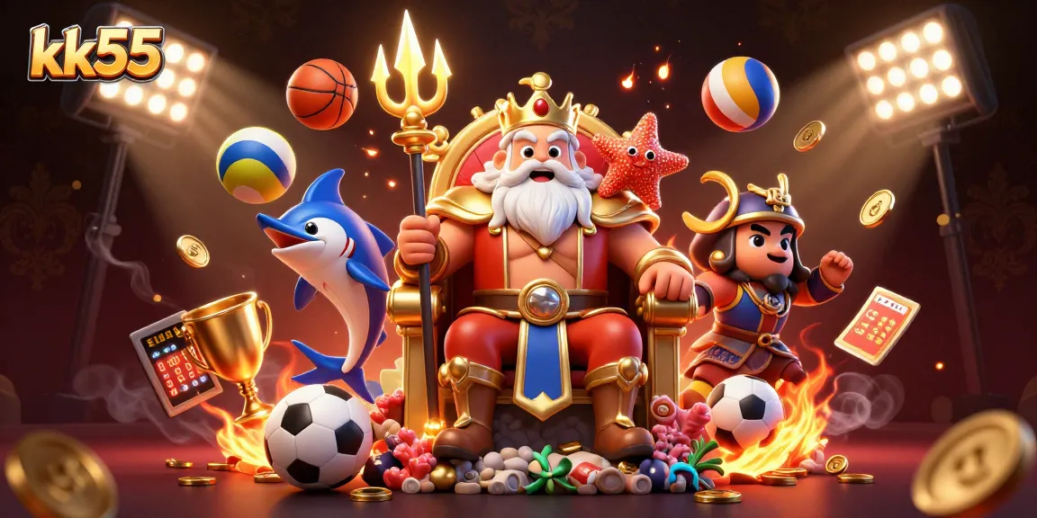 kk55 showcases a vibrant casino scene featuring Neptune surrounded by sports elements and gold coins.