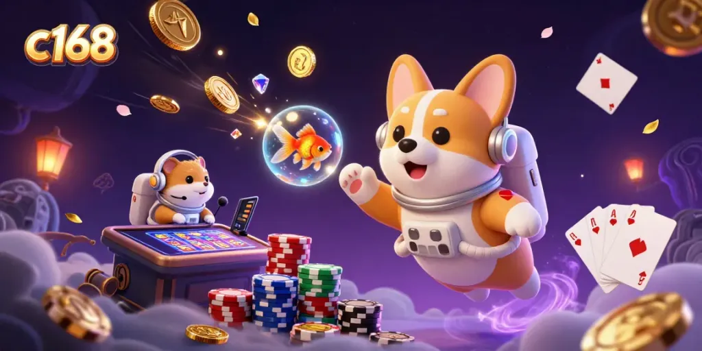 Engage in the c168 online casino experience with floating slots, poker chips, and galactic fun.