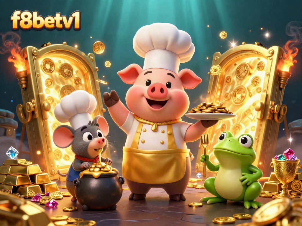 Engage in thrilling gameplay with f8betv1 featuring a chef pig serving gold coins, surrounded by riches and adventure.