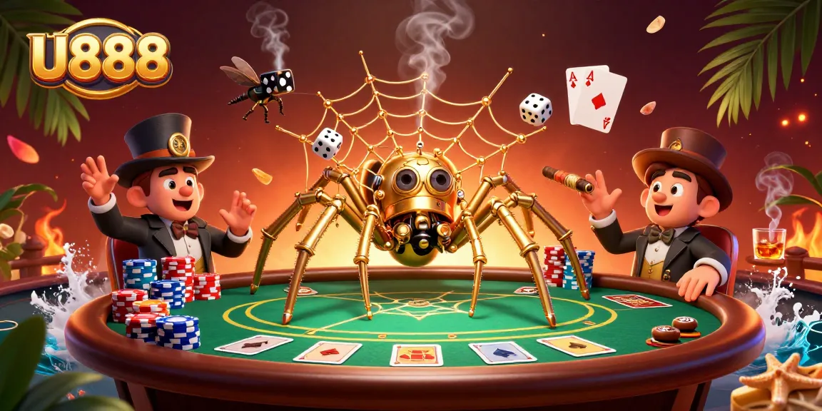 Engage in U888's vibrant casino scene featuring a steampunk spider and poker elements.
