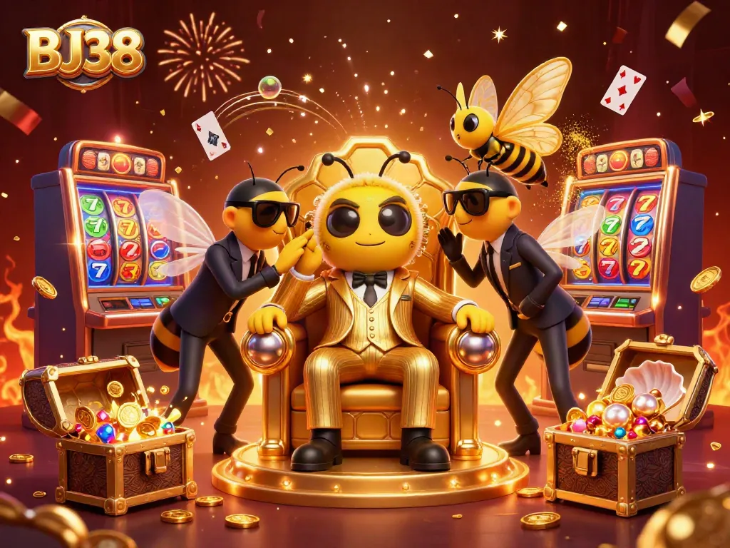Experience excitement at BJ38 with vibrant slot machines, golden coins, and an engaging casino atmosphere.