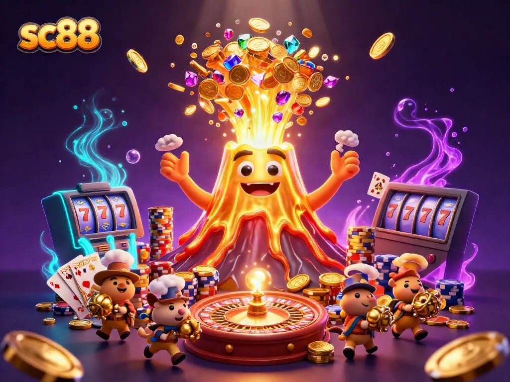 Win big at sc88 with a golden volcano erupting treasures and adventure in this vibrant casino illustration.