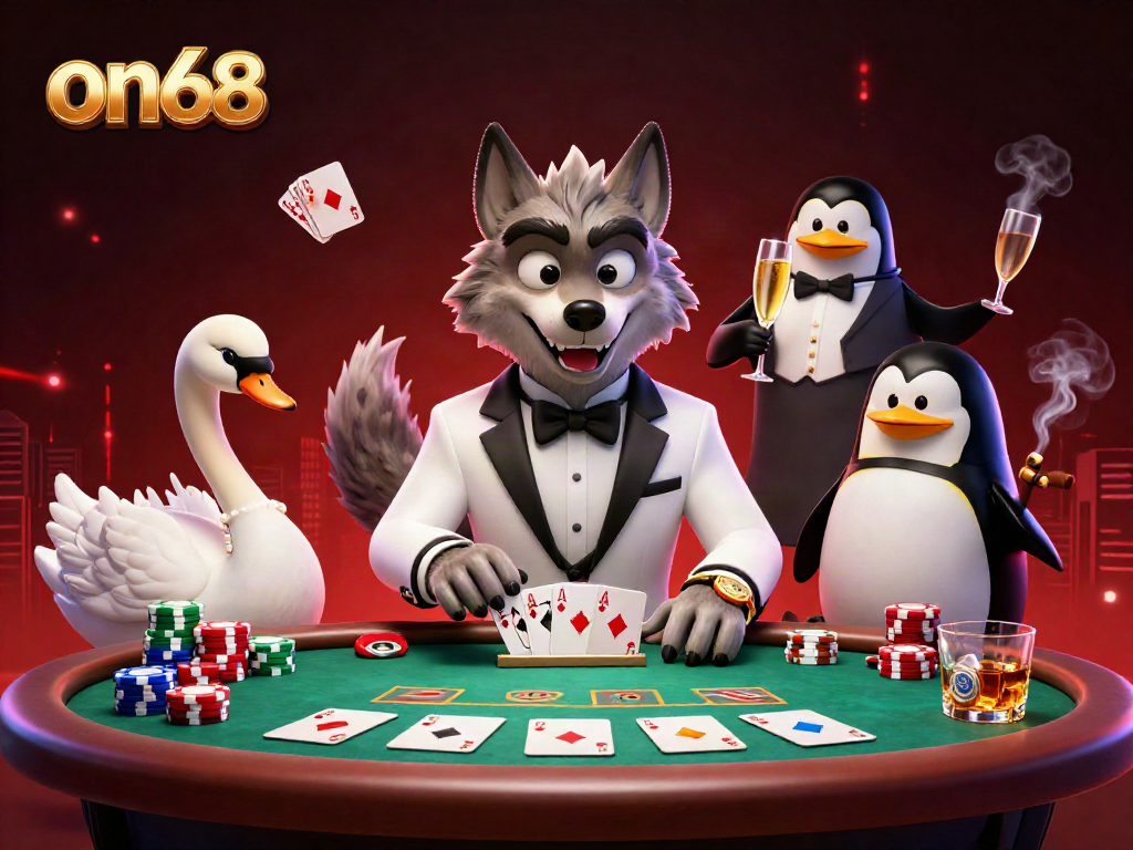 Win jackpots at on68 with an enchanting casino scene featuring a debonair wolf and elegant characters.