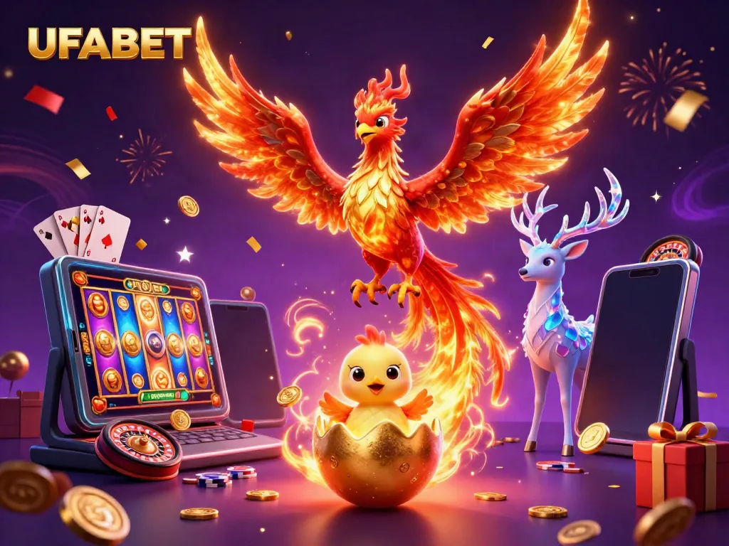 Experience thrills with UFABET's dynamic scene of a blazing phoenix and casino games.
