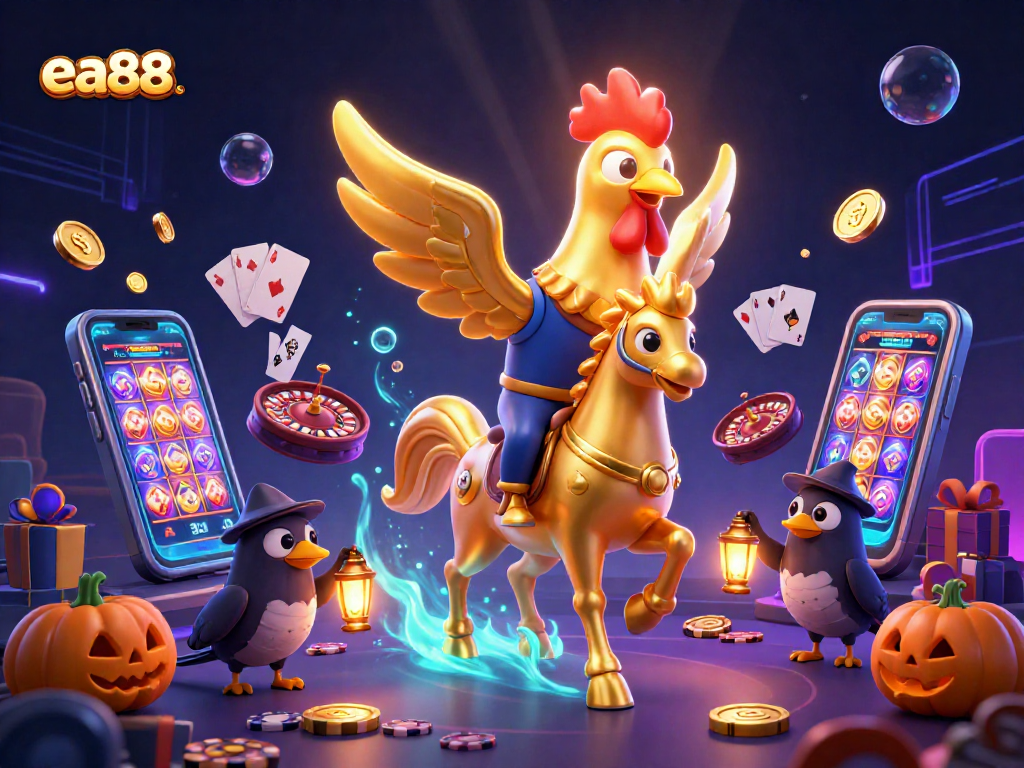 Experience thrilling gambling at ea88 with a golden rooster and casino-themed elements in a vibrant scene.