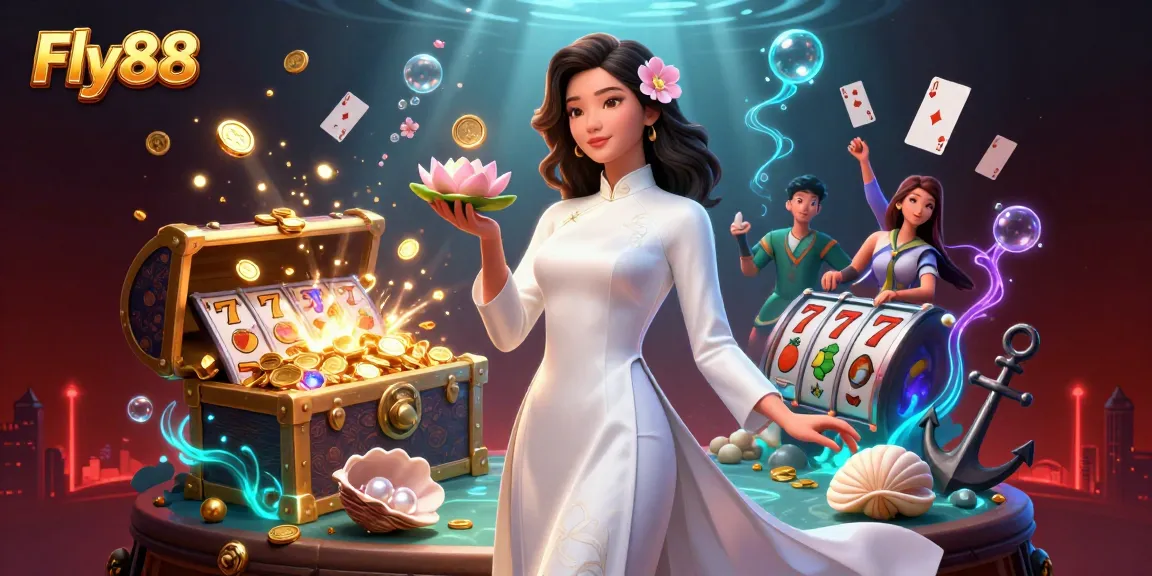 Experience thrilling wins with Fly88 in a vibrant Asian casino scene featuring elegant characters.