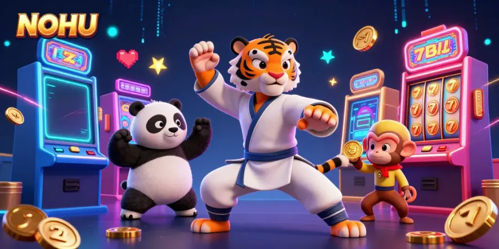 Engage in thrilling gameplay with NOHU's animated characters in a lively casino environment.