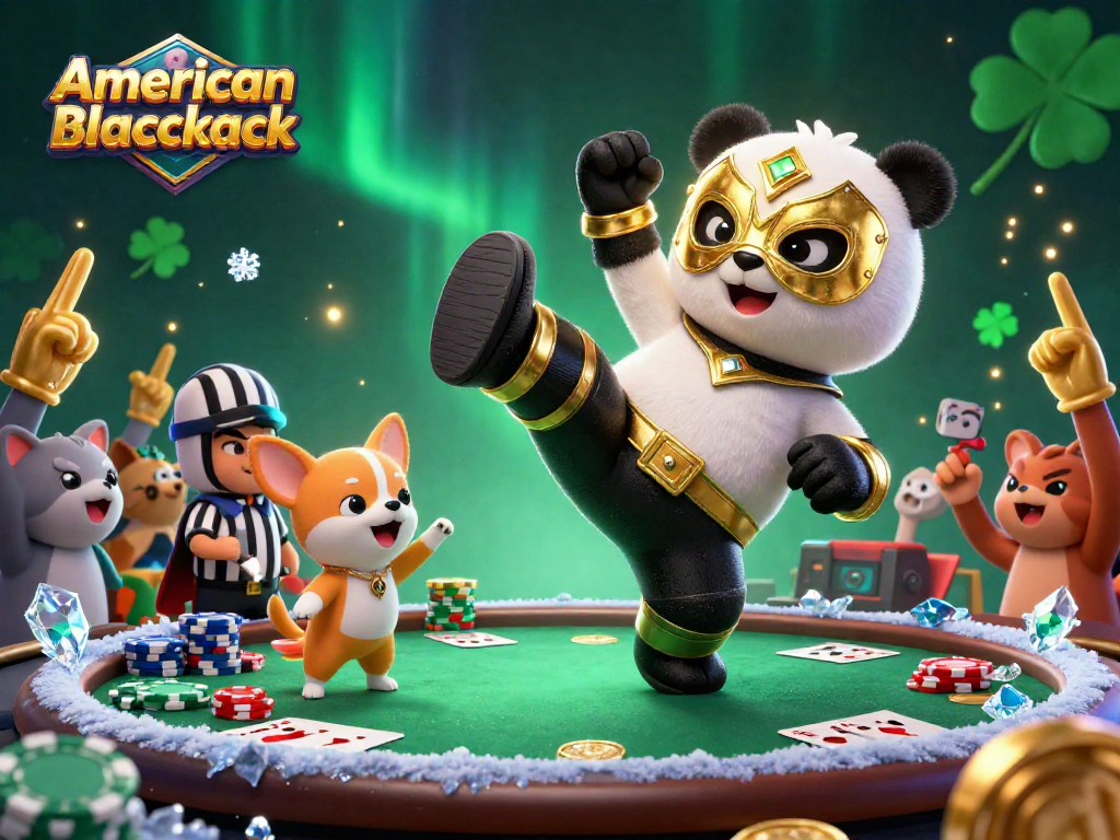 Exciting scene of american blackjack featuring playful animals, neon lights, and poker game elements.