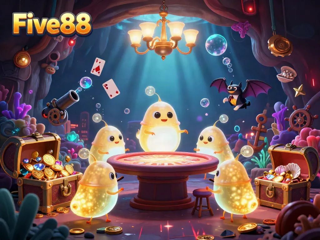 Experience the vibrant casino adventure of Five88 with glowworms illuminating the underwater world of gambling.