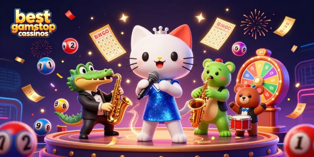Engage with the best non gamstop casinos through a vibrant 3D casino scene featuring animated characters and lottery elements.
