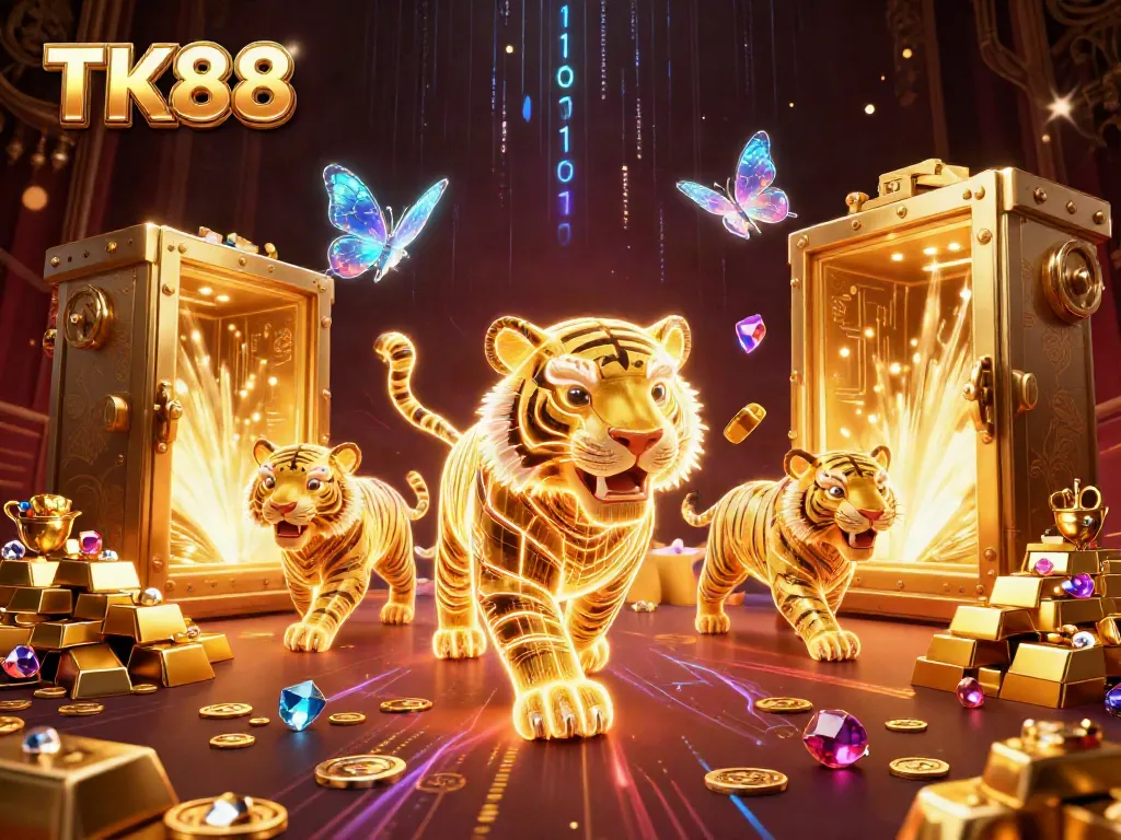 Experience thrilling gameplay with TK88 in a vibrant casino scene filled with gold and excitement.