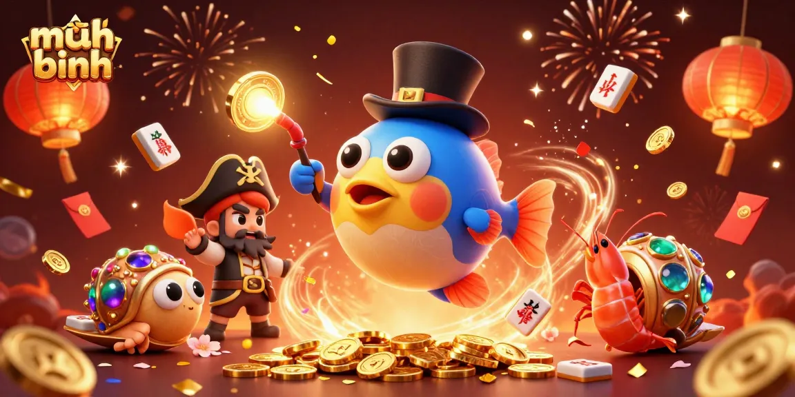 Engage in mậu binh with a vibrant scene featuring treasure-seeking sea characters, festive casino elements, and fireworks.