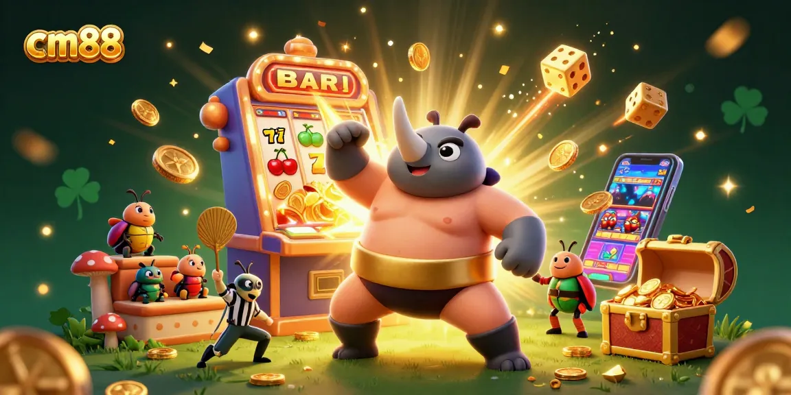Experience exhilarating gameplay at cm88 with a dynamic scene of a sumo beetle champion celebrating amidst casino games.