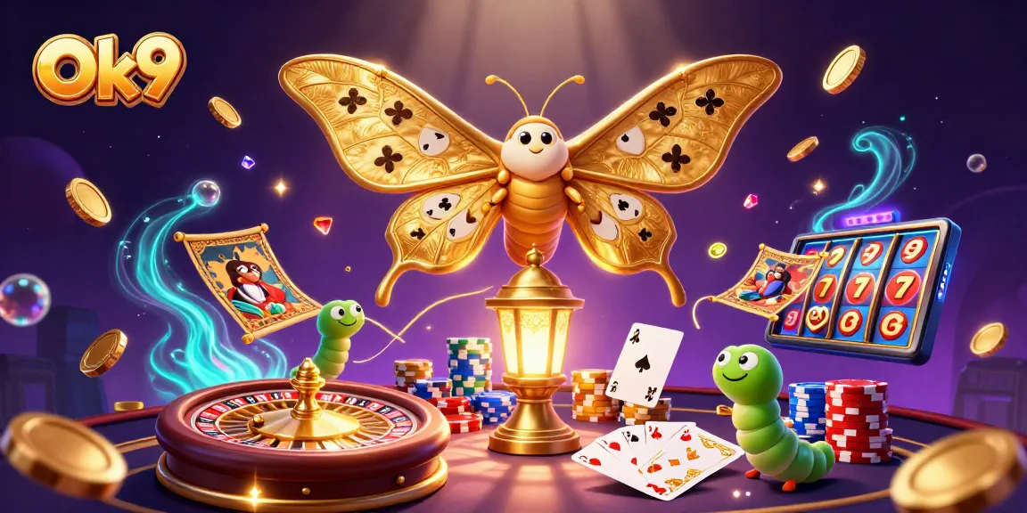 Experience exciting casino gameplay with Ok9 featuring enchanting elements of a moth, gold coins, and vibrant gambling scenes.