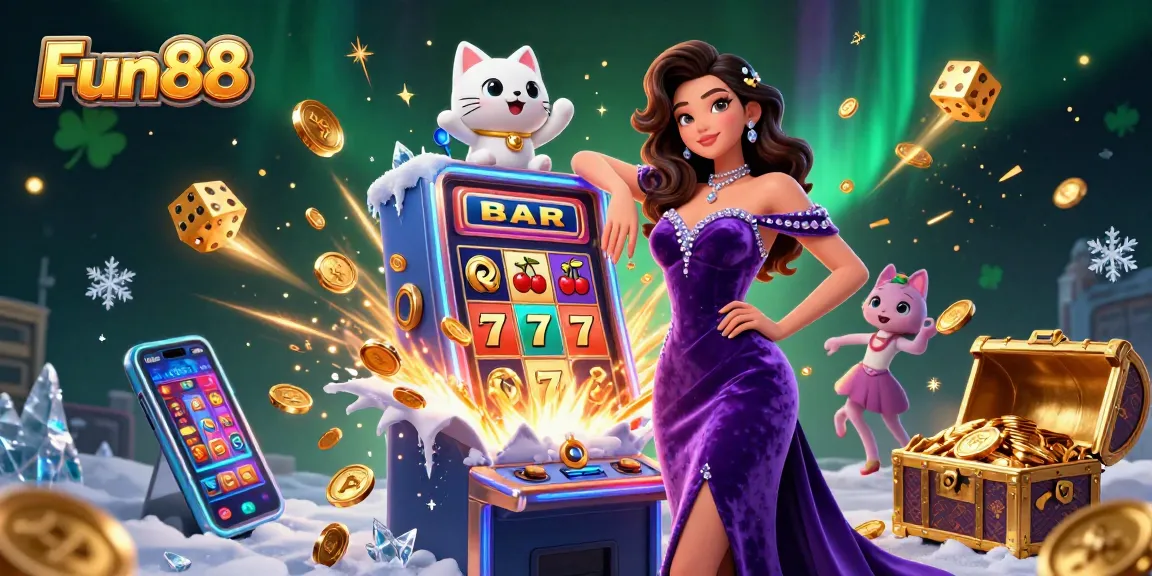 Experience thrilling gameplay with Fun88 as a glamorous woman wins on a slot machine amidst a jackpot explosion.