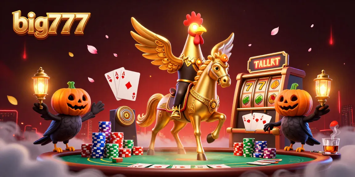 Win at big777 with a golden rooster navigating a vibrant casino filled with poker and slot symbols.