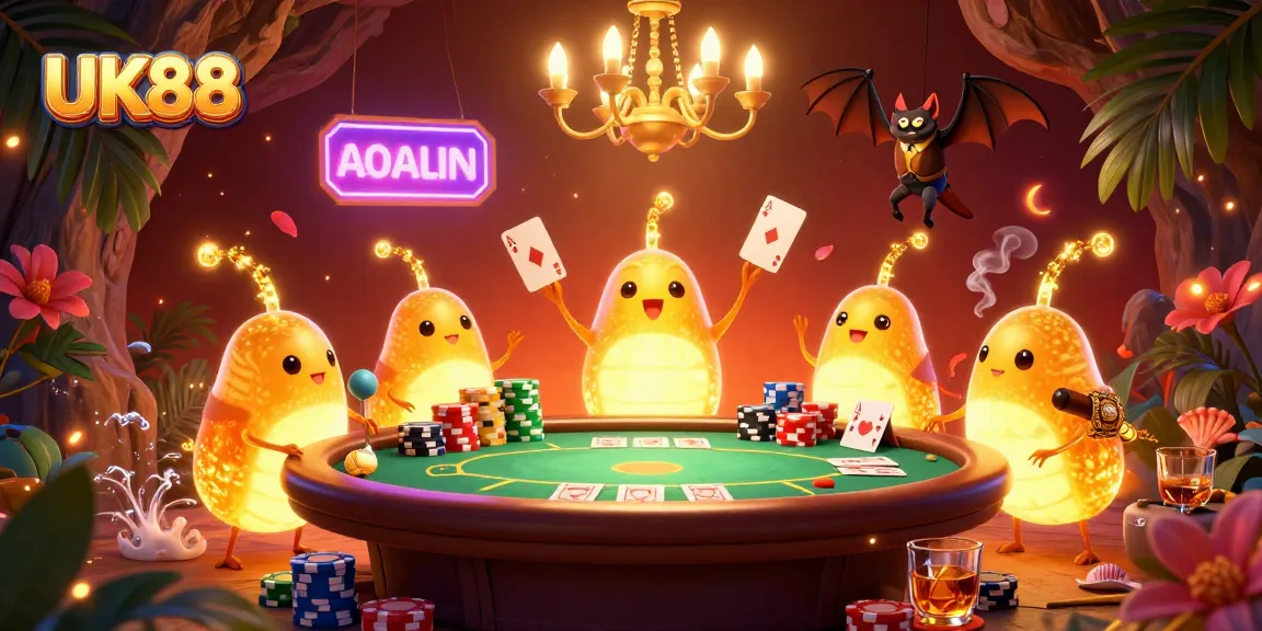 Experience thrilling gameplay at UK88, with a lively casino environment lit by glowworms and a bat dealer.