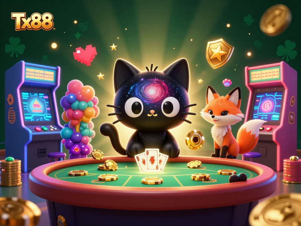 Engage with Tx88's cosmic casino experience, where a black hole cat and colorful nebula fox entertain players.
