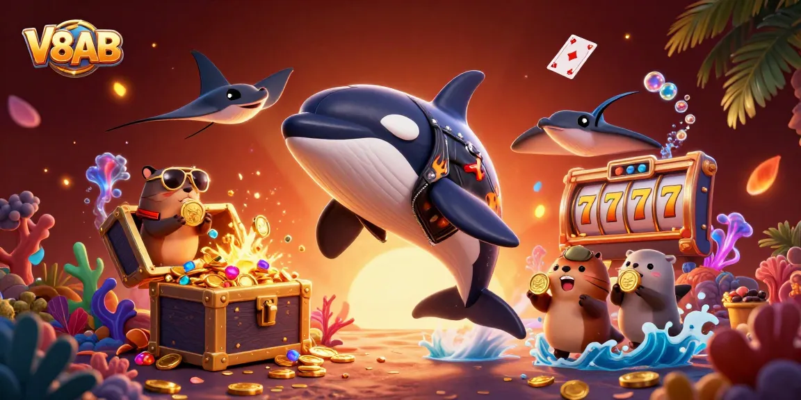 Engage with V8AB's exciting gaming experience surrounded by playful sea creatures and vibrant casino elements.