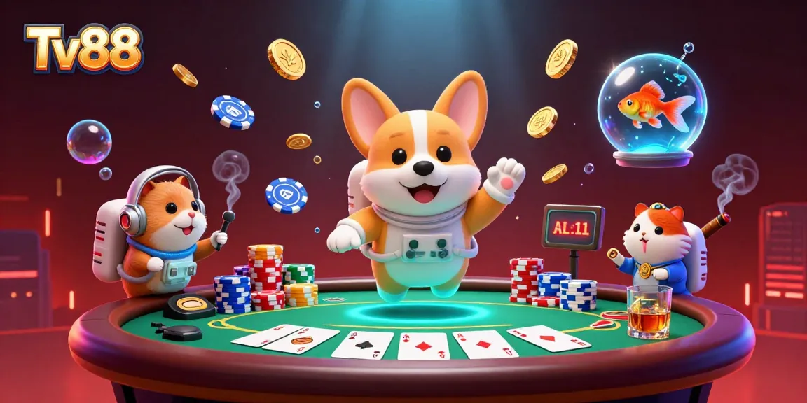 Tv88 engages players in a thrilling casino atmosphere with colorful poker elements and animated characters.