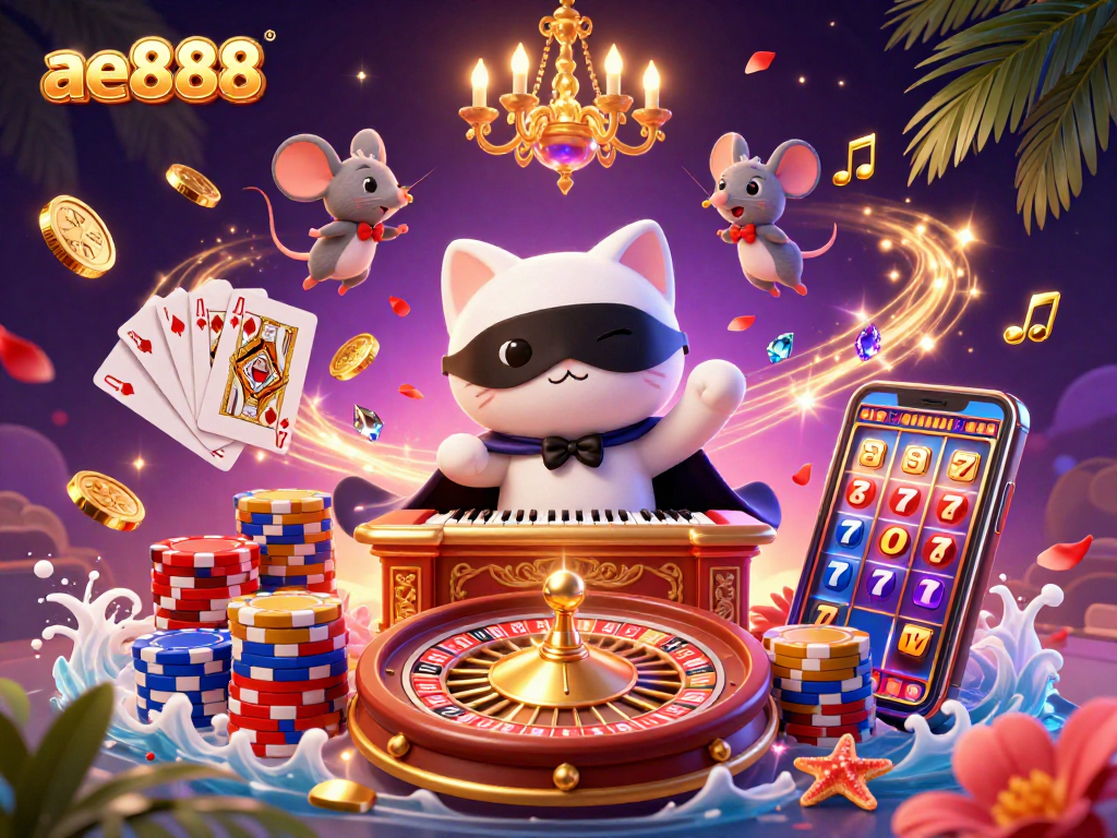 Experience the thrill of ae888 with a vibrant 3D casino illustration featuring gaming elements and animated characters.