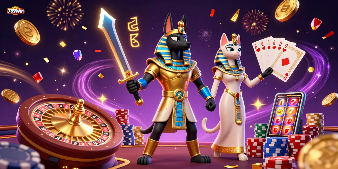 Experience thrilling gameplay with 789Win, featuring Anubis and Bastet amidst dazzling casino elements.