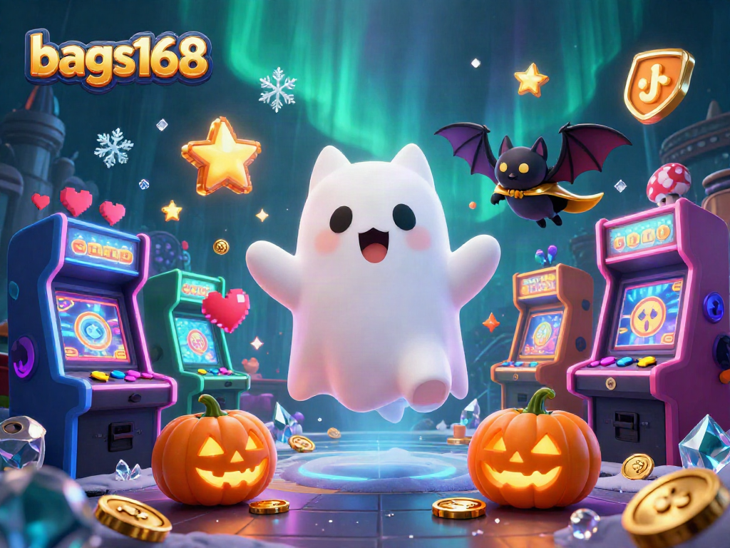 Bags168 showcases a ghost cat and bat in a haunted casino, surrounded by gaming elements.