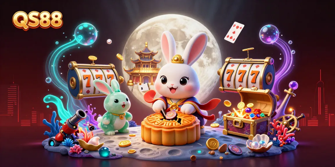 Experience thrilling winnings at QS88 with a dynamic casino-themed 3D illustration featuring slot machines and poker elements.