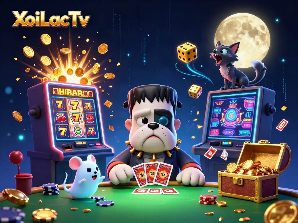 XoiLacTv showcases a vibrant 3D scene filled with engaging characters and dynamic casino elements.