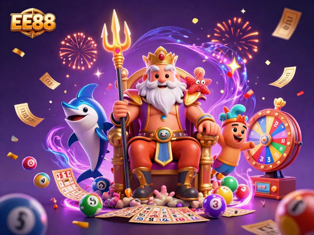 Join the excitement of EE88 with vibrant gaming elements and characters in a stunning 3D casino scene.
