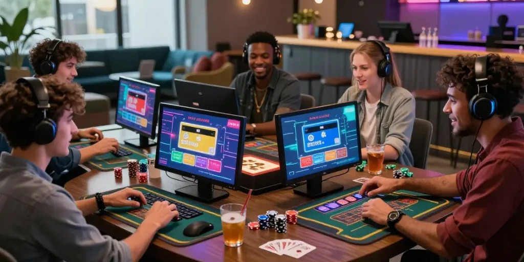 Engaged players at credit card casinos UK enjoying live games in a colorful lounge atmosphere.