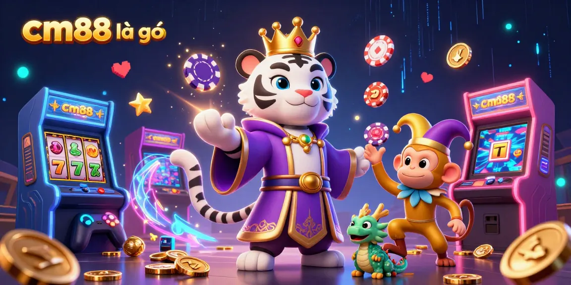 Engage with cm88 là gì, featuring a lively casino scene with a white tiger, monkey, and jackpot elements