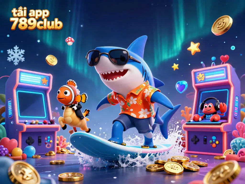 Enjoy a thrilling experience as you tải app 789club, featuring cartoon characters in a vibrant casino-themed scene.