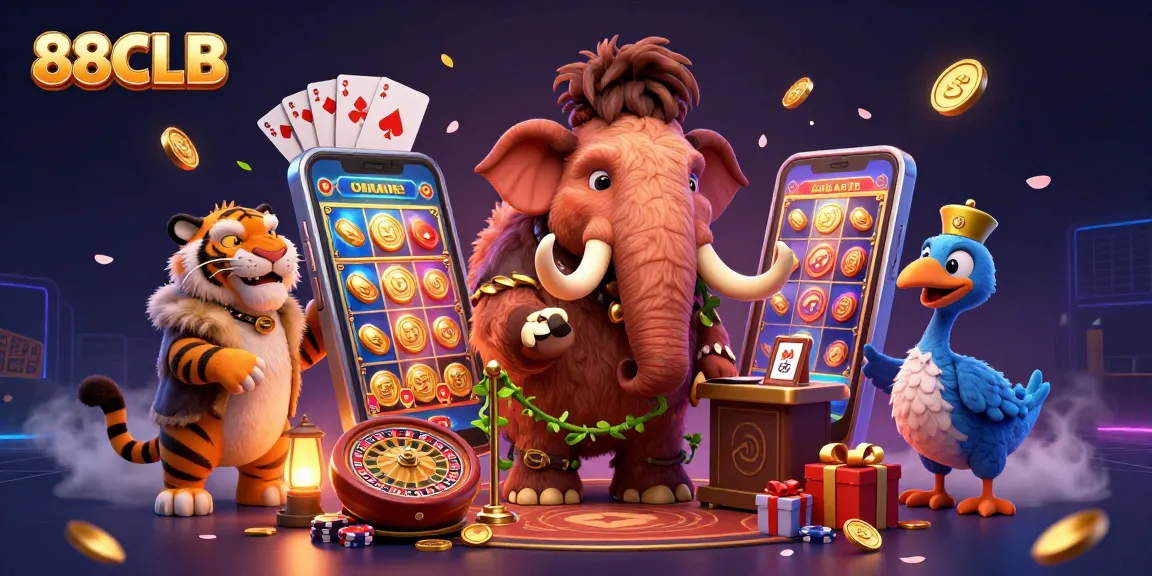 Experience the excitement of 88CLB with a vibrant 3D casino illustration featuring iconic characters.