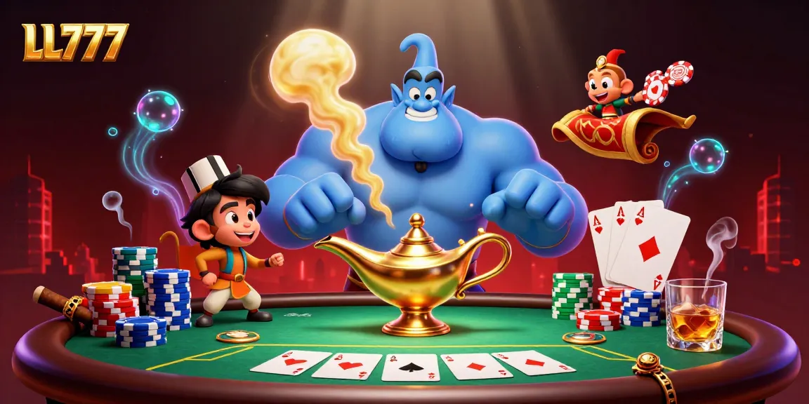 LL777 showcases a vibrant 3D casino scene with a genie, poker chips, and rich game elements.