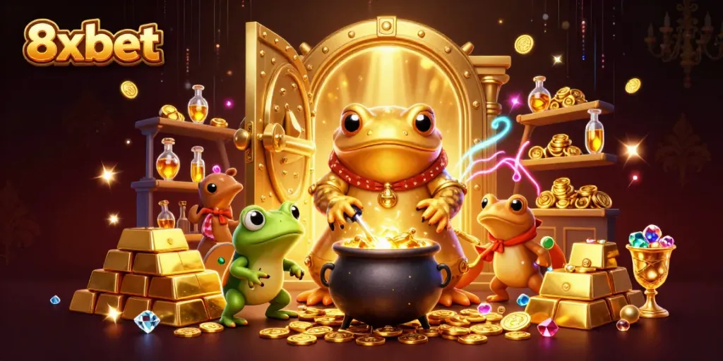 Experience the excitement of 8xbet with a 3D alchemist scene featuring gold coins and gaming elements.