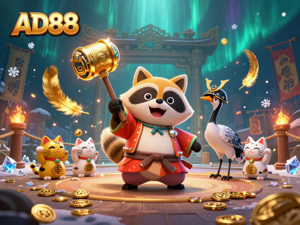 Experience winning moments at AD88 with our vibrant casino illustration featuring tanuki and lucky charms.