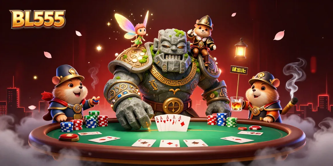 Engage in thrilling gameplay at BL555 with a dynamic scene featuring a golem guardian and enchanted elements.