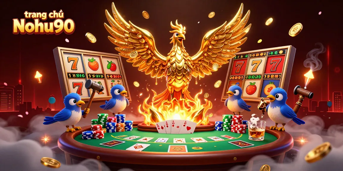Experience the excitement at trang chủ Nohu90 with a dazzling scene featuring golden phoenix and vibrant casino elements.