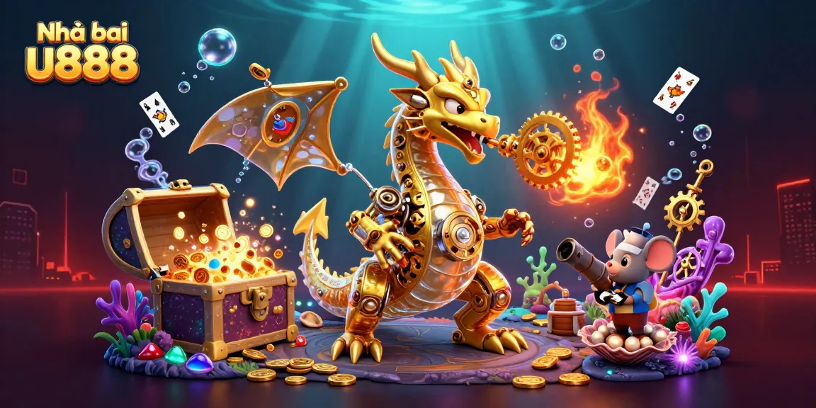 Engage in thrilling gameplay at Nhà cái u888 with a beautifully illustrated 3D scene showcasing exciting casino elements.