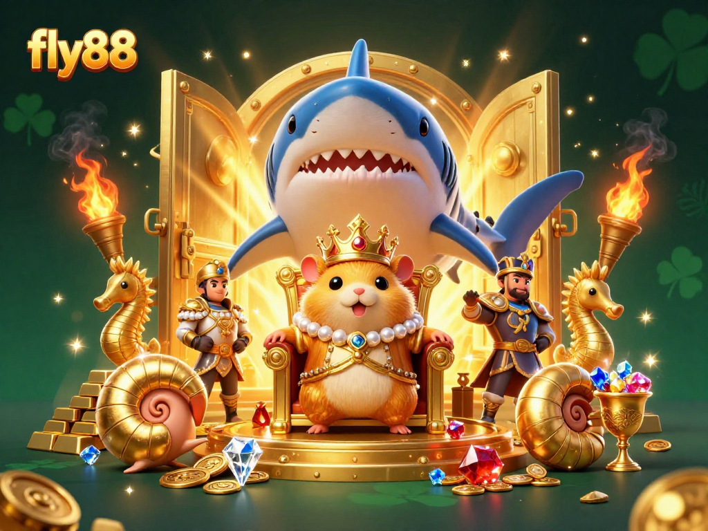 Engage with fly88's thrilling gameplay through a vibrant illustration of a golden hamster king ruling a treasure world.