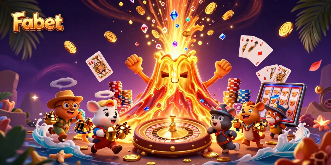 Fabet offers exhilarating gaming experiences with a golden volcano erupting treasures, showcasing thrilling casino action.