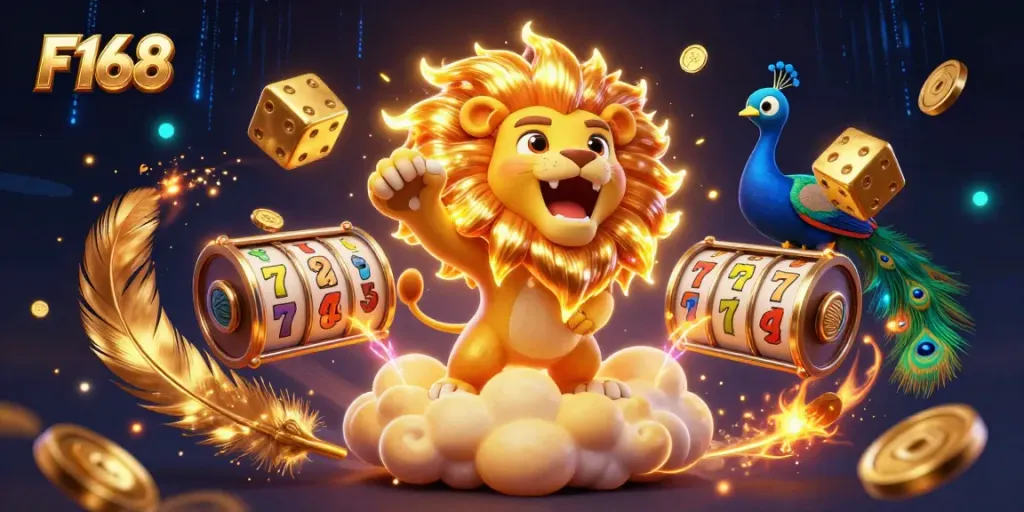 Engage with F168 slots featuring a roaring lion and golden gaming elements in a vibrant casino scene.