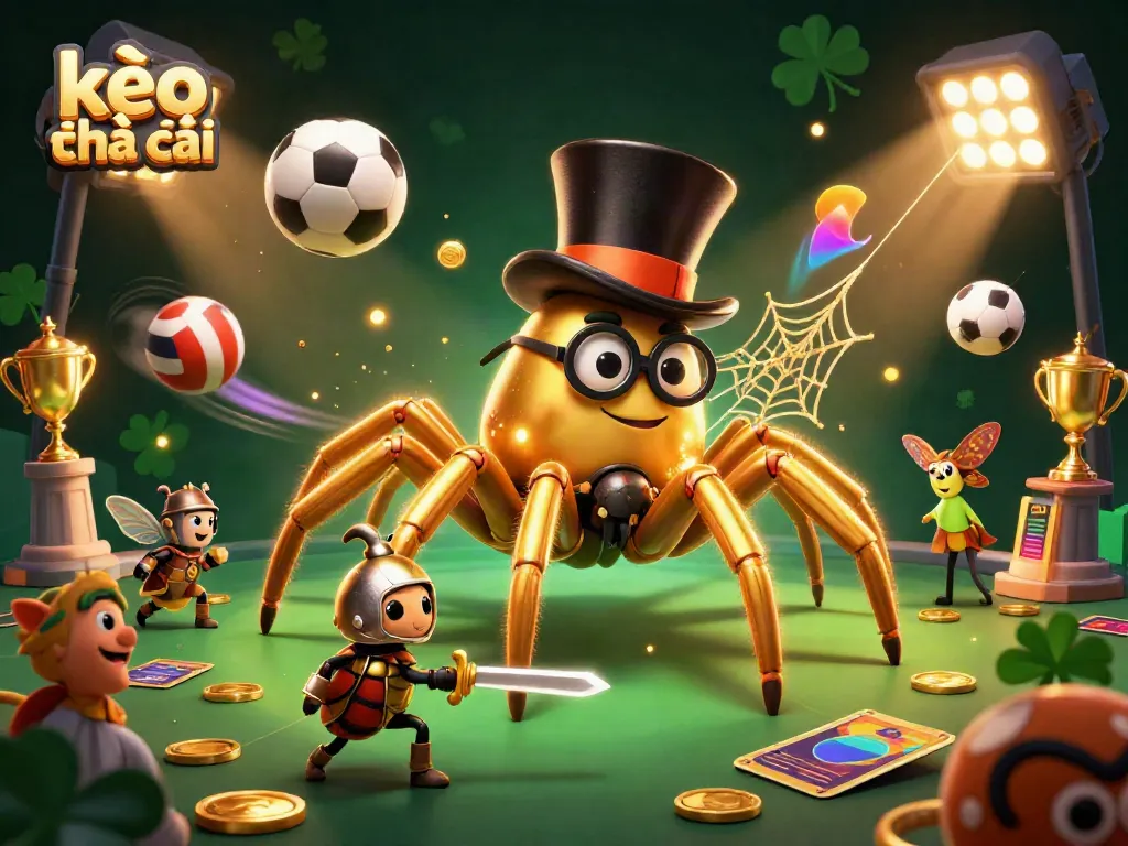 Watch the kèo nhà cái action unfold as a golden tarantula weaves its web in a vibrant casino environment.