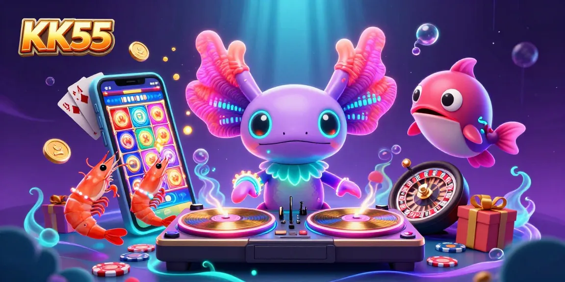 Spin and win with KK55 in this colorful underwater casino scene featuring an axolotl DJ and lively sea creatures.