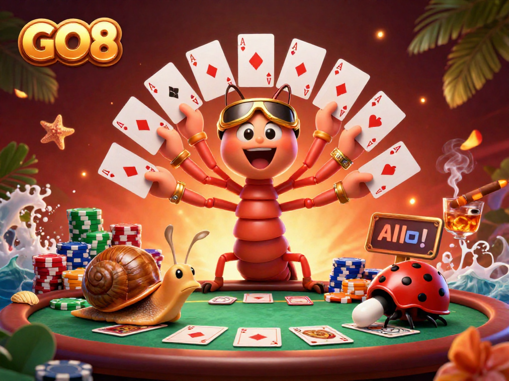 GO8 dealer showcases poker excitement with dynamic characters and vibrant chips.