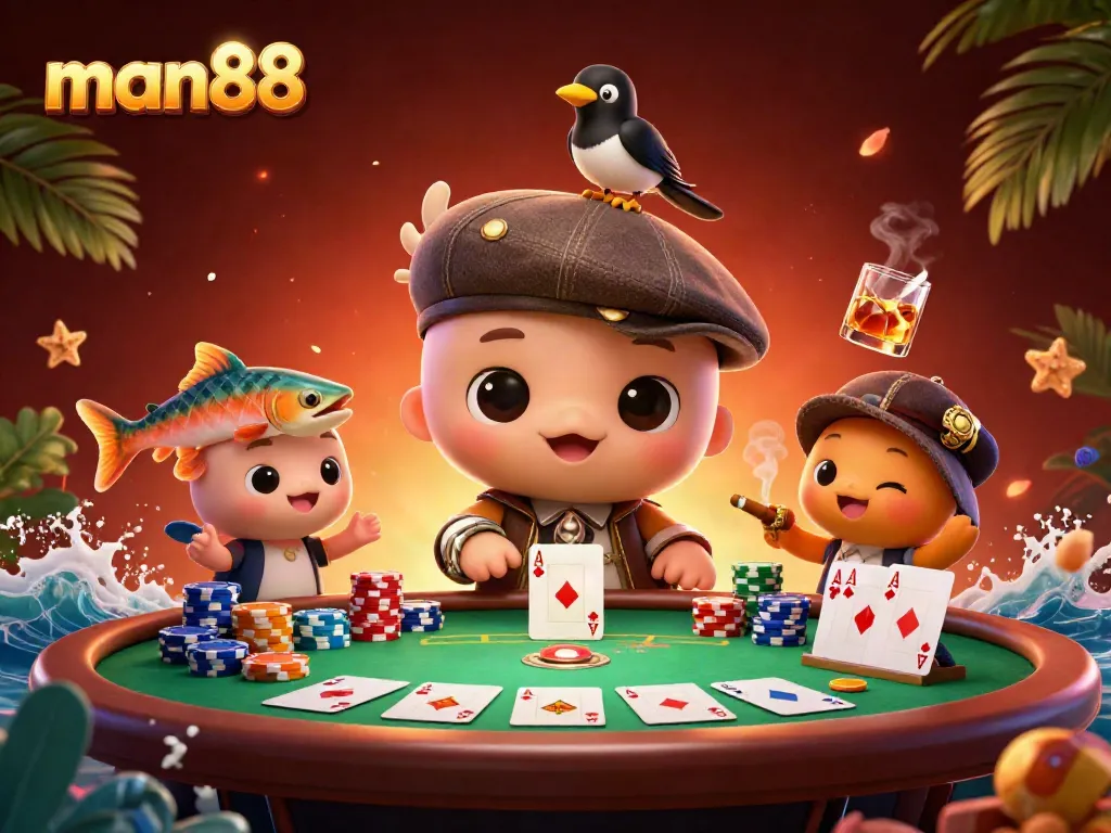 Engage with man88, the thrilling online casino, illustrated with vibrant poker elements and playful characters.