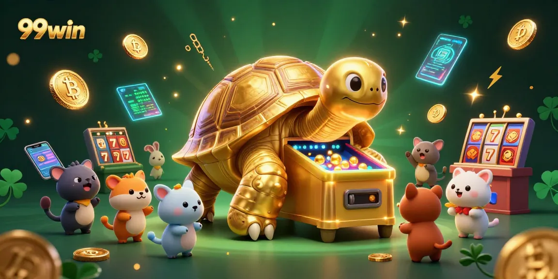 Experience the excitement at 99win with a vibrant casino scene featuring a colossal golden tortoise!