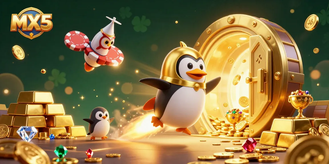 Experience thrilling gaming adventures with MX5, featuring a golden penguin and sparkling casino elements.
