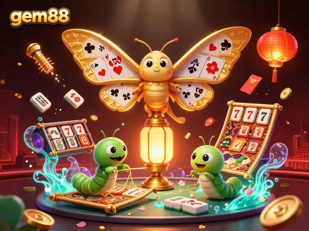 Experience gem88's vibrant 3D illustration showcasing an atlas moth with golden wings amid a lively casino scene.